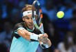 Rafael Nadal hits a backhand on his way to a 6-4, 6-1 victory over Andy Murray at the ATP World Tour Finals in London on Nov. 18, 2015. Nadal has won his first two matches in the group stage, while Murray fell to 1-1. (Kyodo)
==Kyodo